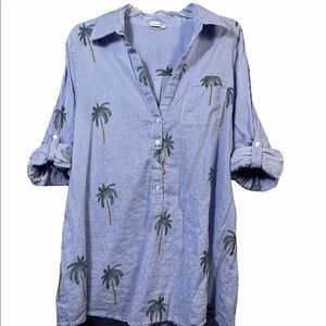 Violet Sky Size L Blue White Striped Tropical Tunic Button Down Blouse